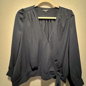 Madewell, cropped, crossover blouse. Navy Blue.